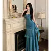 Vestido Azul Sereia Longo com Bojos e Alças para Cerimônia de Debutante, Festa de Aniversário e Noite das Meninas