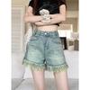 Shorts Jeans Plus Size de Cintura Alta com Barra Desfiada para Mulheres Verão Fino Gordo mm Solto Emagrecimento Look A-Line Reto Perna Larga Hot Pants