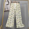 Pantalones de pijama de algodón y seda para mujer, estilo fino de verano, talla grande, pantalones de pierna ancha de cintura alta, adecuados para usar en exteriores, pantalones de playa de seda de algodón artificial, pantalones para casa