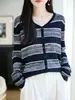 Suéter de punto a rayas color block con cuello en V, un diseño a rayas clásico, versátil, cálido, hecho de lana fina, un imprescindible para otoño e invierno, que irradia elegancia