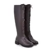 Botas Femininas de Inverno Novas 2025, Modernas e Simples, Bico Redondo, Cadarço Frontal, Salto Quadrado, Salto Baixo, Botas de Cano Alto, Botas, Botas