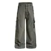 Pantalones de trabajo rectos multi-bolsillo desestructurados con efecto desgastado estilo retro americano para hombre y mujer, holgados casuales de pierna ancha versátiles de marca moderna