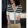 Top de punto a rayas con cuello en V y manga corta estilo Old Money para mujer, Nuevo modelo Verano 2026, Top de moda de alta gama, Refrescante y transpirable