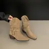 Botas de empilhar retro camurça damasco botas curtas versáteis botas western outono e inverno novas botas curtas de salto grosso botas femininas francesas