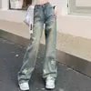 Jeans Nostálgicos Estilo Americano para Mujer Diseño Otoño e Invierno Sentido del Diseño Estampados Cintura Alta Pierna Ancha Rectos Sueltos Pantalones Mopa