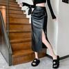 Design saia de couro plissada torcida cintura alta saia com fenda outono novo feminino slim emagrecedor vestido