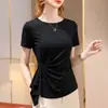 Camiseta azul de manga corta para mujer, nuevo estilo verano 2026, hombro normal, cuello redondo, cintura plisada, corte ajustado, top de tacto de alta gama
