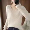Suéter Tricotado Solto na Moda com Decote em V para Mulheres, Estilo Fino Outono/Inverno, Camisa Básica Elegante com Manga Longa Vazada, Top Casaco da Moda