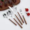 Vajilla Estilo Japonés Acero Inoxidable 304 Mango Imitación Madera Cuchillo y Tenedor Cuchara Clip Mango Madera Dorada Vajilla Estilo Occidental Tenedor para Postre Cuchara