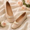 Sapatos Femininos 2026 Novos Versáteis Pérola Bico Quadrado Rasteirinhas Leves Confortáveis Sapatos Planos Rasos Primavera Sapatos Pequenos de Couro
