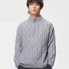 Suéter de Malha Trançada OT Masculino Estilo Old Money para o Dia a Dia, Blusa Casual de Tricô Masculina Nova Outono/Inverno com Gola Alta e Zíper