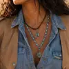 Colar vintage estilo jeans com contas turquesa, retalhos de veludo coreano, contas redondas e pingente de pena - Cruzamento de fronteiras europeu e americano da Amazon
