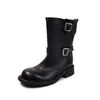 Botas Martin de Couro Estilosas com Fivela Dupla 2026 Outono/Inverno Salto Médio Robusto Bico Redondo Versátil de Couro Genuíno Botas de Cano Médio para Mulheres