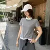 Toma real: Camiseta de manga corta gris con cuello, estilo dos piezas falso, para mujer, nuevo estilo verano 2026, top elegante y ajustado 17759