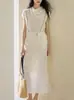 Vestido Conjunto de Top Elegante Francés GINNKE de Acetato Tencel con Cuello Oscilante y Cinturón y Falda de Cintura Alta