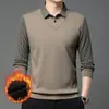 Conjunto de duas peças masculino de inverno com forro de fleece, camisa polo de manga longa versátil, top básico espesso para negócios casuais