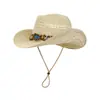 Sombrero vaquero de paja estilo étnico para mujer, para sesión de fotos de verano, viajes y vacaciones, sombrero de paja de ala ancha, sombrero para el sol con protección solar