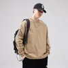 Camiseta de manga comprida de cor sólida, peso pesado, para primavera e outono, masculina, branca, corte solto, tamanho grande, gola redonda, top para usar por baixo, moletom