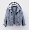 Chaqueta Corta de Mezclilla Estilo Coreano Holgada para Mujer con Mangas Largas, Capucha, Bolsillos Grandes, Top Versátil para Primavera y Otoño
