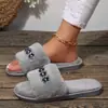 Pantuflas planas de algodón rojas para mujer de talla grande con accesorios de pedrería, talla 43, pantuflas peludas casuales para uso doméstico