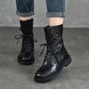 [Preço do Evento 270] Botas Martin com Cadarço de Couro de Bezerro de Primeira Camada para Mulheres, Botas de Cano Médio com Salto Médio, Botas Femininas de Couro Genuíno