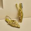 Sandalias planas para mujer de estilo francés vintage exquisitas tridimensionales hechas a mano con lazo de satén amarillo de mediados de siglo con espalda abierta y punta cerrada