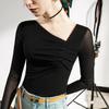 Blusa elegante de algodón francés negra de manga larga, ajustada, de color liso, para primavera y otoño.