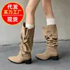 Botas de Cano Alto Femininas Outono 2026 Couro Camurça Fosco Fivela Salto Bloco Bico Fino Botas Western Cowboy Planas