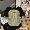 Camiseta de Algodón Puro Estilo Americano Retro Manga Raglán Contraste Mujer Verano Nueva Ajustada Cintura Ceñida Cordón Sentido del Diseño Top Tendencia