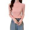 Suéter Básico para Mujer Camiseta de Manga Larga Fina de Media Cuello Alto Estilo Top Corto Otoño e Invierno