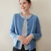 Suéter de Cachemira de Color Sólido Otoño e Invierno 2025 Cárdigan para Mujer Cuello Redondo Falso Dos Piezas Bloque de Color Chaqueta de Punto Plano