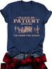 Camiseta casual de verão feminina Amazon europeia e americana com estampa PATIENT, gola redonda, manga curta, moda estrangeira, sucesso