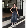 Jeans de pierna ancha cropped con diseño retro americano desgastado para mujer, pantalones de verano de talla grande modernos de cintura alta adelgazantes