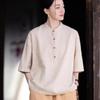 Camisa Retro Literaria de Algodón y Lino de Primavera y Verano con Cuello Mao Color Sólido para Mujer Camisa Casual Versátil de Manga Corta Tipo Cárdigan Medio Abotonada para Mujer