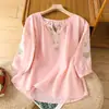 Blusa Estilo Étnico Algodão e Linho Camisa Bordada para Mulheres Verão Bordado Pesado Gola Redonda Manga Lanterna Respirável Manga Três Quartos