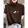 Camiseta feminina de algodão puro, manga curta, gola alta meia, escovada e espessa, branca, estilosa e versátil, top base para moda outonal