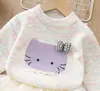 Suéter de Inverno Infantil para Meninas, Engrossado com Estampa de Gatinho de Desenho Animado, Adequado como Camada Base, Pode Ser Combinado com uma Saia Tutu, Gola Redonda