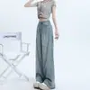 Calça jeans feminina azul claro lavada, perna larga, primavera e outono, cintura alta, estilo americano, larga, reta, para o verão
