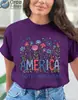 Transfronterizo [Talla europea] Nuevo modelo 2026 Aniversario 250 del Día de la Independencia de América Camiseta floral de manga corta para mujer