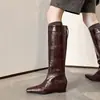 Botas Altas de Cuero con Patrón de Piedra Debajo de la Rodilla, Nuevo Estilo Botas de Montar para Mujer de Piel Genuina con Punta Cuadrada y Tacón Oculto, Estilo Europeo y Americano de Moda