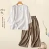 Camisa artística vintage de algodón y lino bordada de manga tres cuartos, conjunto de dos piezas para el verano para madres, top de color liso y pantalones de pierna ancha para mujer