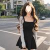 Vestido Elegante de Alta Qualidade Estilo Irmã Real para Mulheres Outono e Inverno 2025 Novo Preto Cintura Interna Saia Evasê Saia Curta