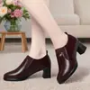 Zapatos de tacón grueso de cuero suave para mujer para primavera y otoño, nuevo estilo 2026, zapatos de cuero de tacón medio con corte profundo y suelas suaves para madres de mediana edad