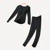 Nuevo Conjunto de Ropa Interior Térmica de Lana para Mujer, No Necesita Usar Sujetador, Top y Pantalones de Otoño Calentados, Capa Base Forrada de Polar con Almohadillas en el Pecho 2369