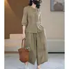 Conjunto de Moda Casual Adelgazante para Mujer Verano Nuevo Top Camisa Holgada con Perlas Pantalones de Pierna Ancha Conjunto de Dos Piezas