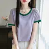 Camiseta de Verão Color Block com Gola Redonda, Fio Fino para Mulheres, Textura de Luxo Leve, Caimento Solto, Emagrecimento, Estilo Suave, Versátil para o Trabalho, Top Elegante
