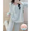 Pijama de Nuevo Estilo para Primavera y Otoño para Mujer con Almohadillas en el Pecho Algodón Tejido Nube Estilo Princesa Manga Larga Conjunto de Ropa para el Hogar Venta al por Mayor Transfronteriza