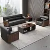Sofá de Escritório Madeira Maciça Recepção Banco Sala de Conferência Combinação Mesa de Centro Simples Moderno Arte em Couro Área de Descanso para Negócios