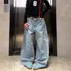 Calça Jeans Retro Americana com Estampa de Letras para Homens e Mulheres, Estilo Novo, Lavada e Desgastada, Perna Reta Solta, Calça Wide-Leg Comprida
