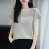 Camiseta de punto calada de lino y perlas de manga corta, estilo nuevo de verano, transpirable, fresca, adelgazante, rejuvenecedora, top de color liso